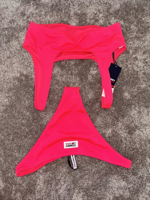Set bikini jeans Tommy Hilfiger rosa neon nuovi con etichette donna taglia uk s 8/10 2