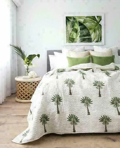 Jeté de couvre-lit indien réversible fait main en coton Kantha Quilt vert...
