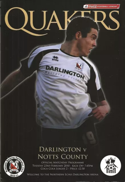 Football Programme DARLINGTON v NOTTS COUNTY Feb 2010 postponed