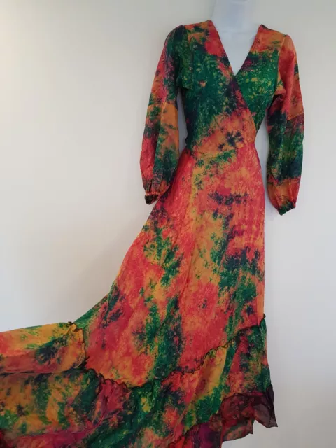 Böhmisches Maxikleid aus Seide grün rot Hippie Festival orange Einheitsgröße lang indisch