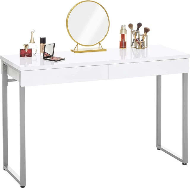 Vanity Desk with 2 Drawers Glossy White 47 Inch Modern Home Office Computer Writ