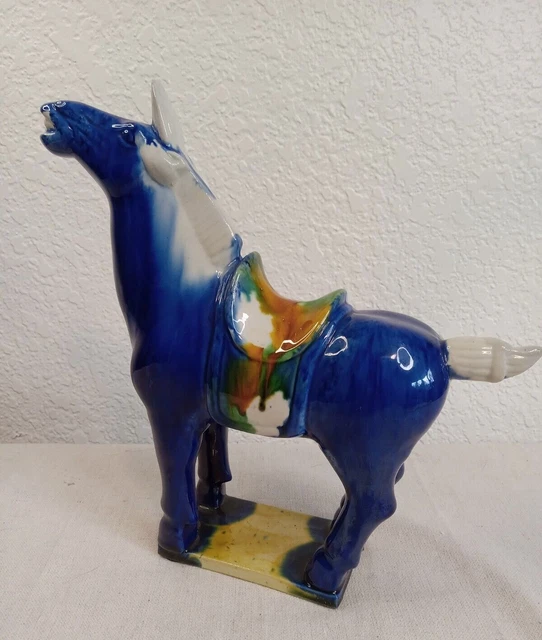 VTG 10" Chinese Pottery War Horse Tang Dynasty Style with Sancai Drip Glaze Blue