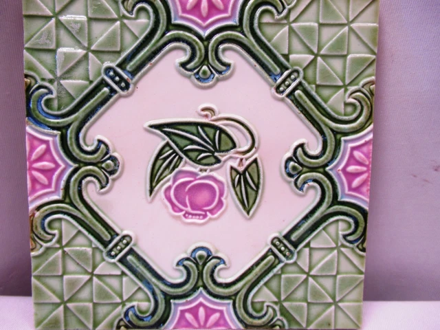 Antique Art Nouveau Majolica Tile Pink Flower Geometric Design Embossed Gree"511 2