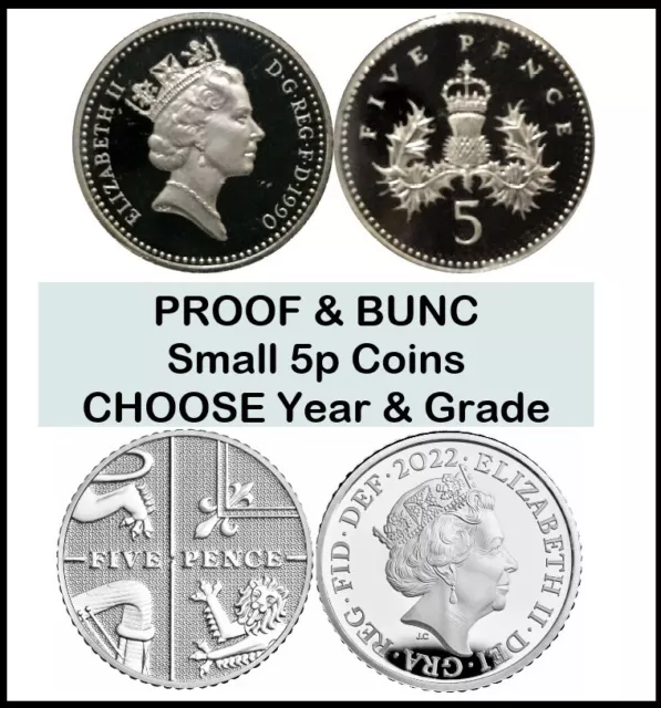 5p Five Pence Coins Proof & Bunc choose year & grade SMALL 1990-2024 18.00mm NEW