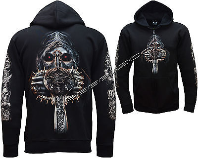 New Grim Reaper Biker Sword Glow In The Dark Zip Zipped Hoodie Hoody Jacket