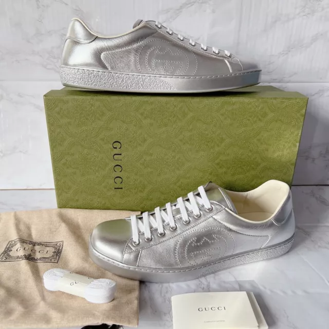 NIB Gucci Ace Mens Low top Interlocking GG Sneaker 660266 Silver Leather US 10 2