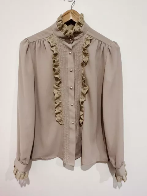 Stunning Vicky Mar Vintage Beige Blouse 80s Lace Detail Button Up Chiffon Sz 8