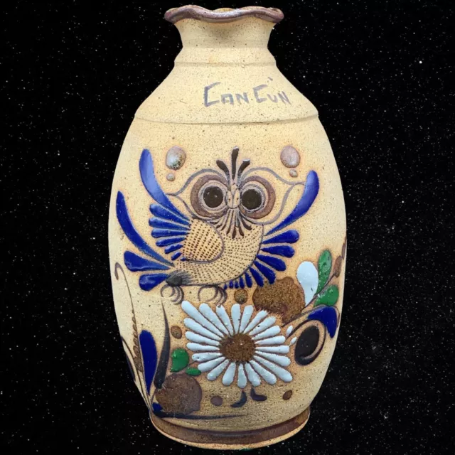 Mexican Folk Art Pottery Tonala Owl Hand Painted Cancun Vase 8.75”T 3.5”W