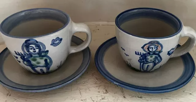 WOW MA Hadley stoneware art pottery Farmer coffee cup mug saucer set lot 2