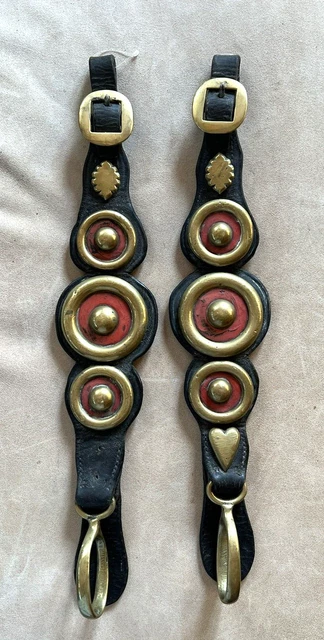 Antique Pair Leather Horse Straps with Red Brasses