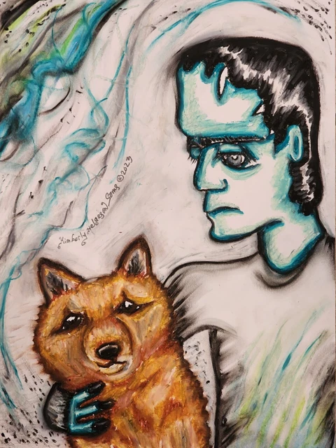 Frankenstein with FINNISH SPITZ ACEO PRINT Mini Dog Art Card 2.5 X 3.5 KSAMS