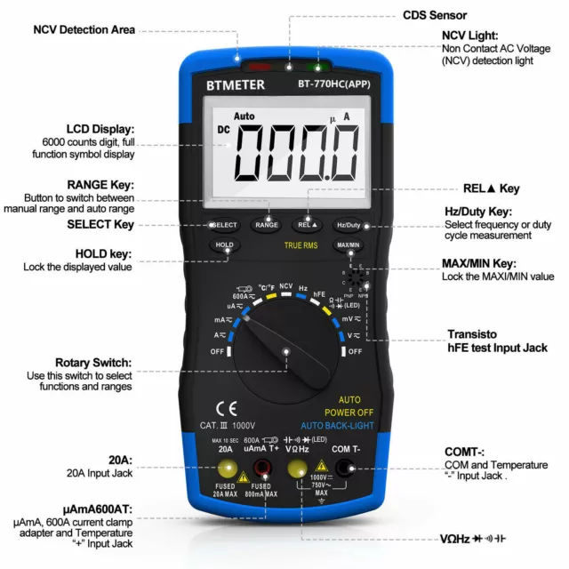 Digital Multimeter DC/AC Voltage Current Bluetooth+600A Clamp Current Amp Adapte 2