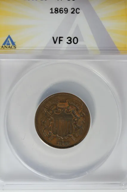 1869  .02  ANACS  VF 30    Two-cent piece, 2c, Shield Coin