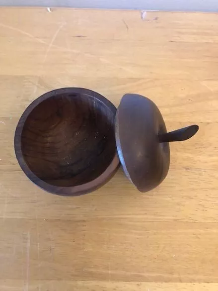 Vintage Dark Wood Apple Shaped Trinket Dish with lid. Lovely shape and patina. 3