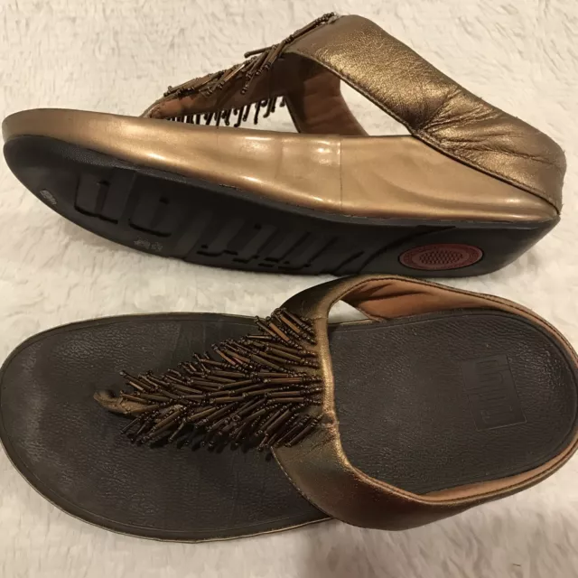 FITFLOP Size 7 Womens Cha Cha Bronze Leather Slip On Slide Thong Flip Flops