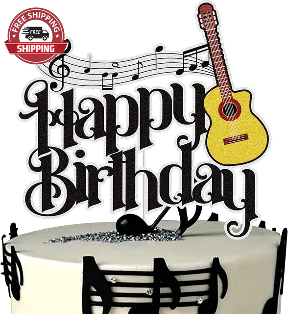 Guitar Happy Birthday Cake Topper Black Glitter Musical Music Notes Cake Decorat