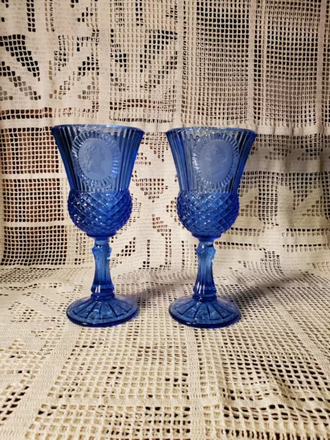 Vintage Avon Fostoria Cobalt Blue George and Martha Washington Goblet Set 1976