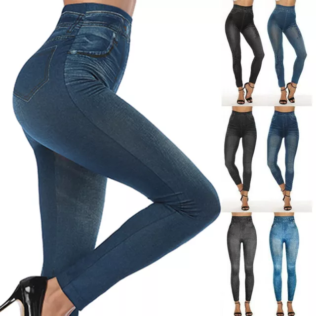Women's Skinny Leggings Faux Denim Stretchy Jeggings Slim Fit Pencil Pants Jeans