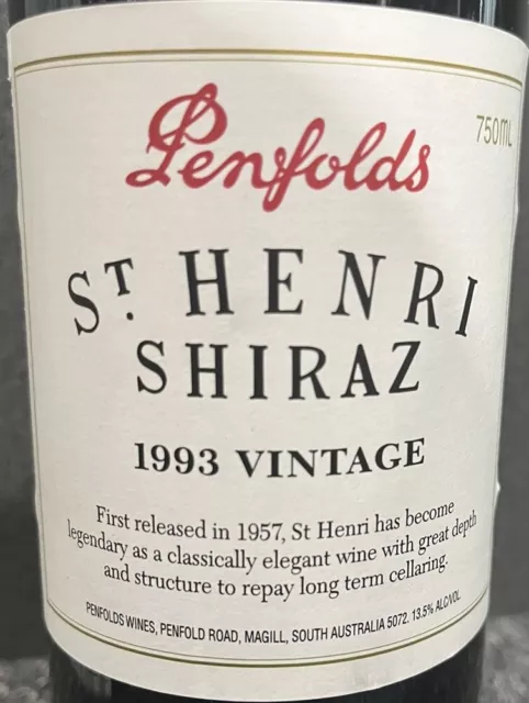 Penfolds St Henri Shiraz  750ml Bottle Vintage 1993