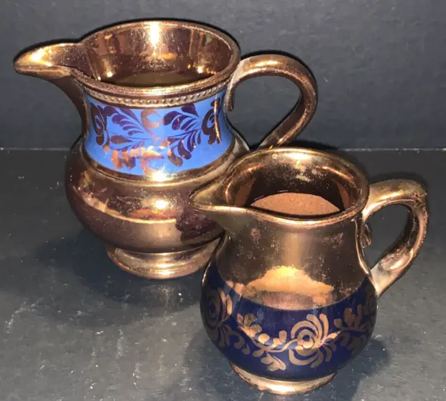 Vintage Copper Lusterware Blue Accent Creamer Pitcher  Lot of 2 - 19th Century