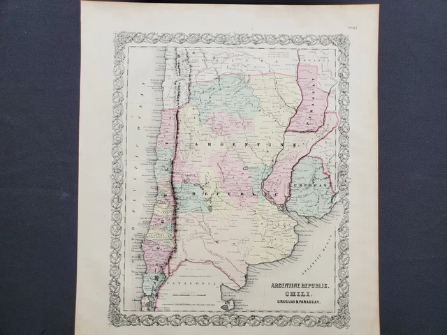 1855 Colton Map - Argentina Uruguay Paraguay South America 100% Genuine Antique