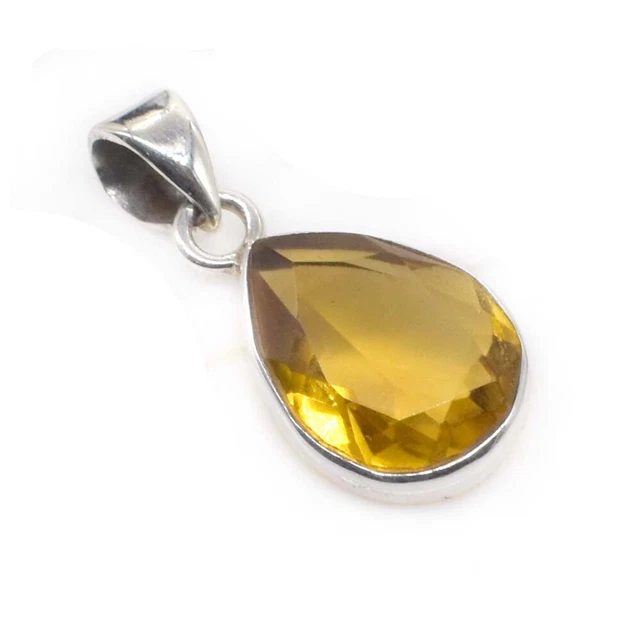 Tear Drop Citrine Simulated Pendant 925 Solid Sterling Silver Minimal Jewelry 1"