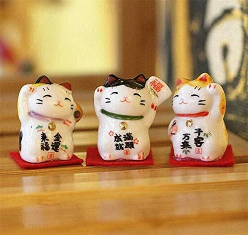 Set of 3 Japanese Ceramics Maneki Neko Lucky Fortune cat Figurines Waving