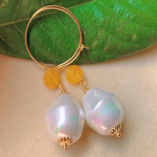 baroque white Pearl yellow Tourmaline gold earrings Mother's Day