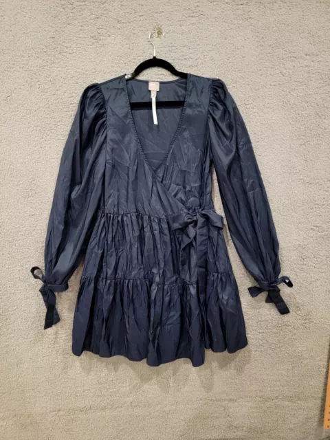 ASOS DESIGN wrap front smock mini dress UK 10 US 6 In NAVY BLUE taffeta NEW