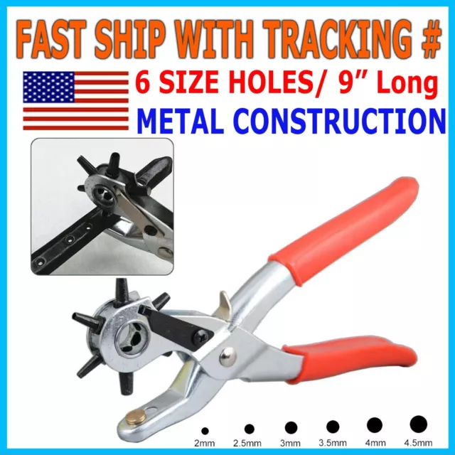 9" Leather Hole Punch Hand Pliers Belt Holes 6 Sized Puncher Heavy Duty Tool New