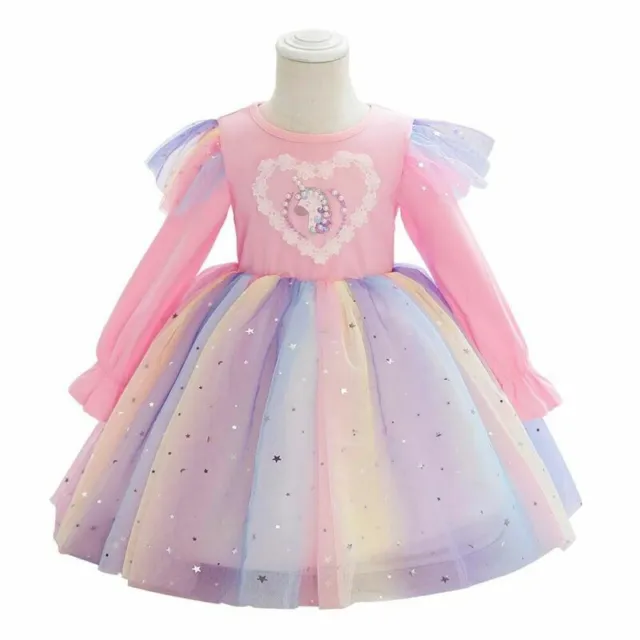 Girl Long Sleeve Unicorn Rainbow Princess Tutu Tulle Dress Birthday Party Gowns`