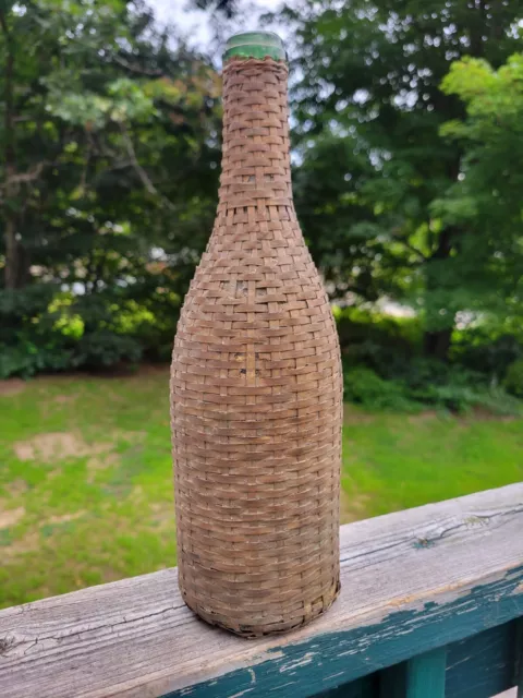 Antique Wicker Wrapped Wine Bottle Tooled Top