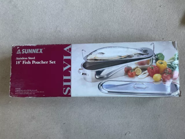 Sunnex Stainless Steel 18” Fish Poacher 3 Piece Set Unused In Box