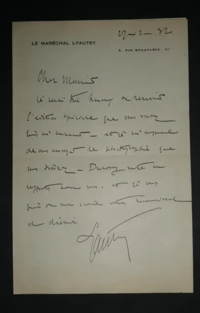 Maréchal Hubert LYAUTEY -  Lettre Autographe Signée, 1932