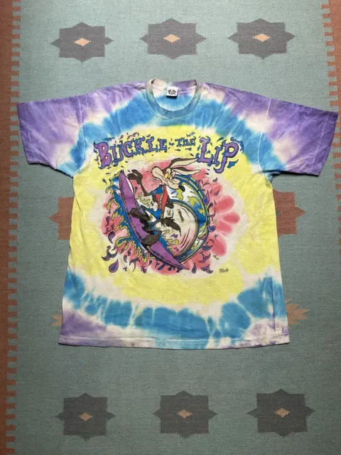 Vintage 90s looney tunes t shirt tie dye wile e coyote surf cartoon graphic XL