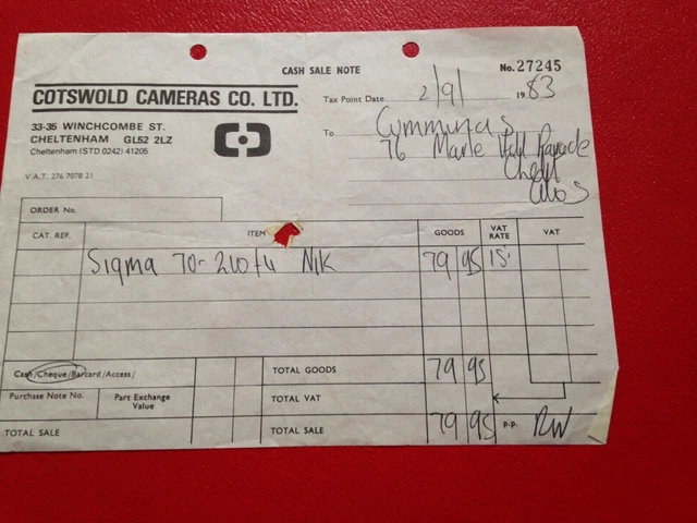 Vintage 1983 Cotswold Cameras Winchcombe St Cheltenham Invoice / Bill  Receipt 8