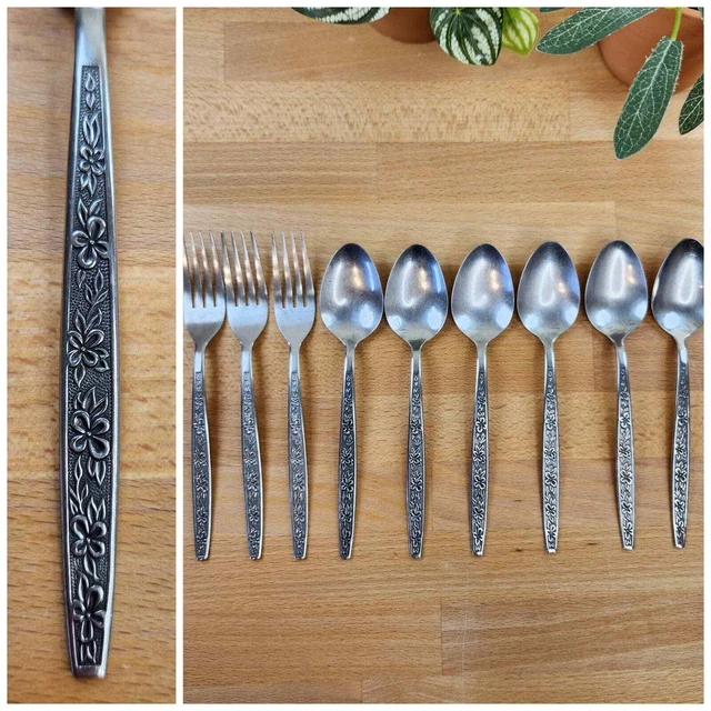 Vintage Rogers "La Spagna" Floral Stainless Flatware- Set of 9- Korea