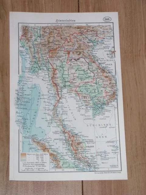 1937 Original Vintage Map Of Vietnam Laos Thailand Siam Malaysia Singapore