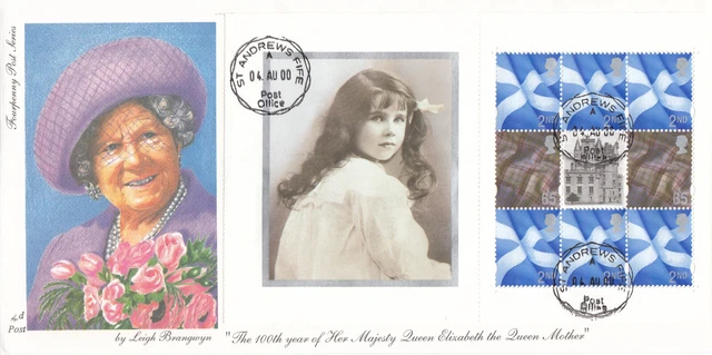 (108704) Queen Mother 100th Booklet Pane GB Fourpenny FDC St Andrews CDS 2000