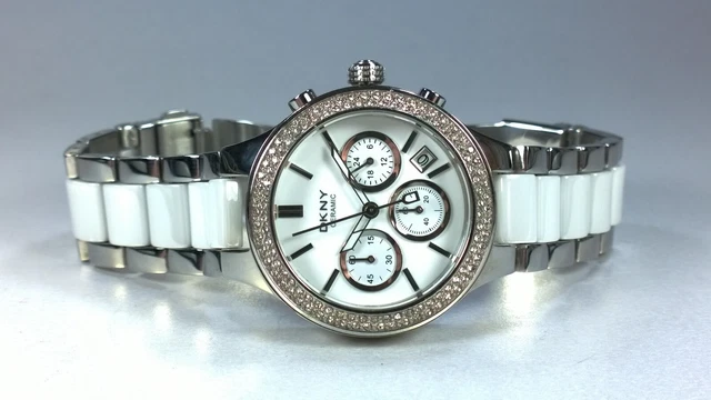 DKNY CERAMIC LADIES Quartz Watch Chrono White Dial with Date Boxed with Manual 69.95 PicClick UK