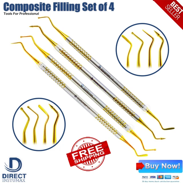 Set of 4 Dental Composite Filling Instruments Gold Titanium Coated Restorative