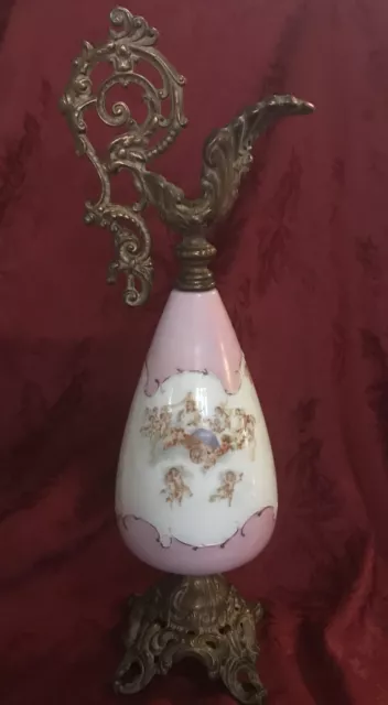 Antique Victorian French Mantle Ewer Brass & Pink Porcelain Cherubs 19” Large