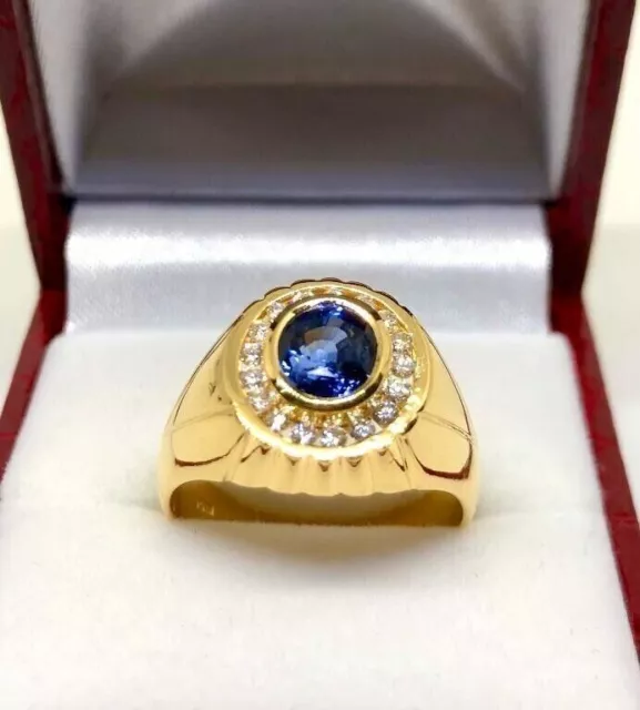 Solid 14k Yellow Gold Men's Oval Cut 2.40ct Natural Blue Sapphire & Diamond Ring