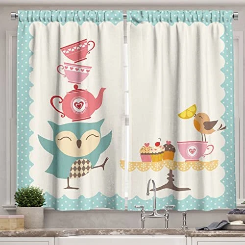 Owl Kitchen Curtains, Owl at a Tea Party Bird Lemon Cupcakes Teacups Vintage