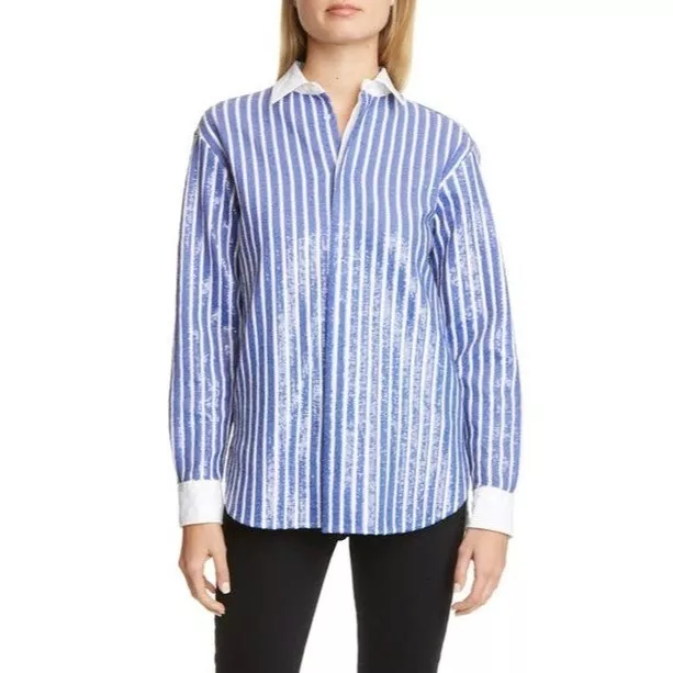 NWT POLO Ralph Lauren Sequin Stripe Long Sleeve Blouse In Blue White 12