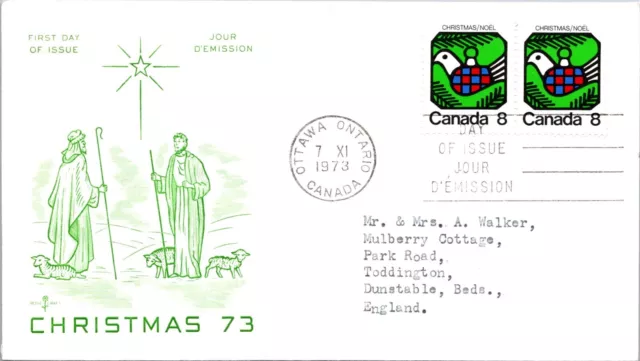 Canada 1973 FDC - Christmas Cover  Rosecraft Cachet - Ottawa Ont - Pair - F78887