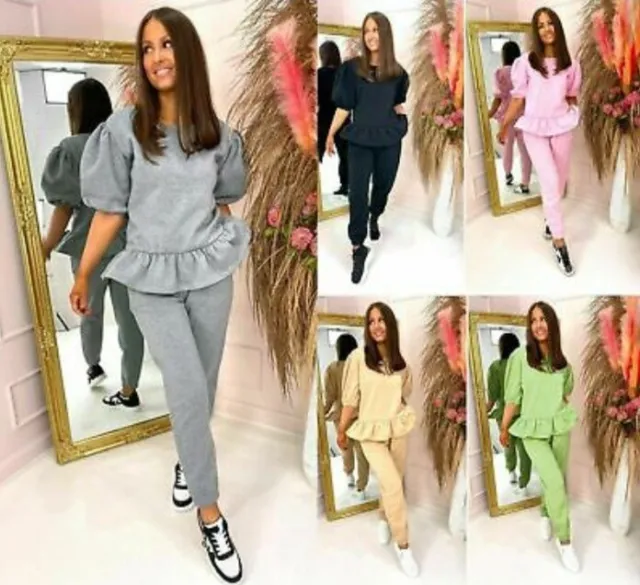 Set tuta loungewear donna maniche corte in pile fronzoli Regno Unito (8-14)