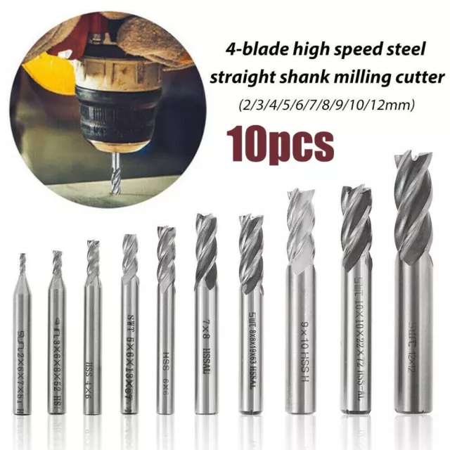 10x 4 Slot Flute 2-12mm End Mill Cutter Drill Bit CNC Milling HSS Straight Shank