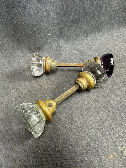Vintage Antique 12 Point Purple Amethyst and Clear Crystal Glass Door Knob Sets