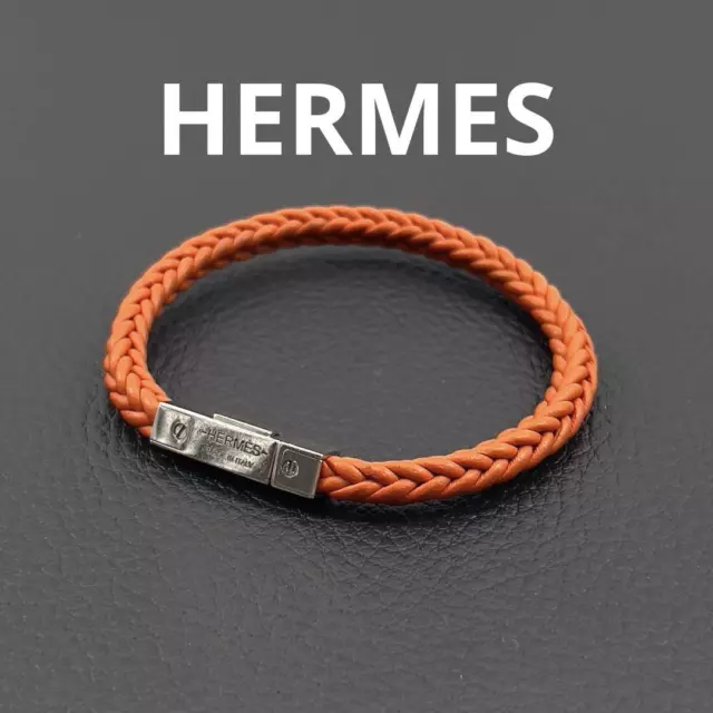 HERMES GOLIATH LEATHER Bracelet in Orange with Silver Weaving ...